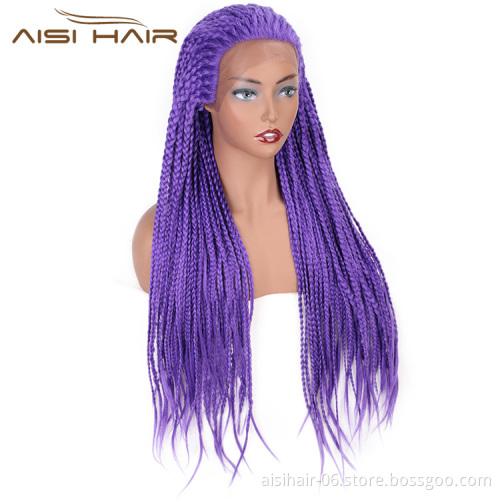 Aisi Hair Synthetic Lace Front Braided Long Wigs Heat Resistant Fiber Purple Lace Front Braids Wigs for African Amerian
